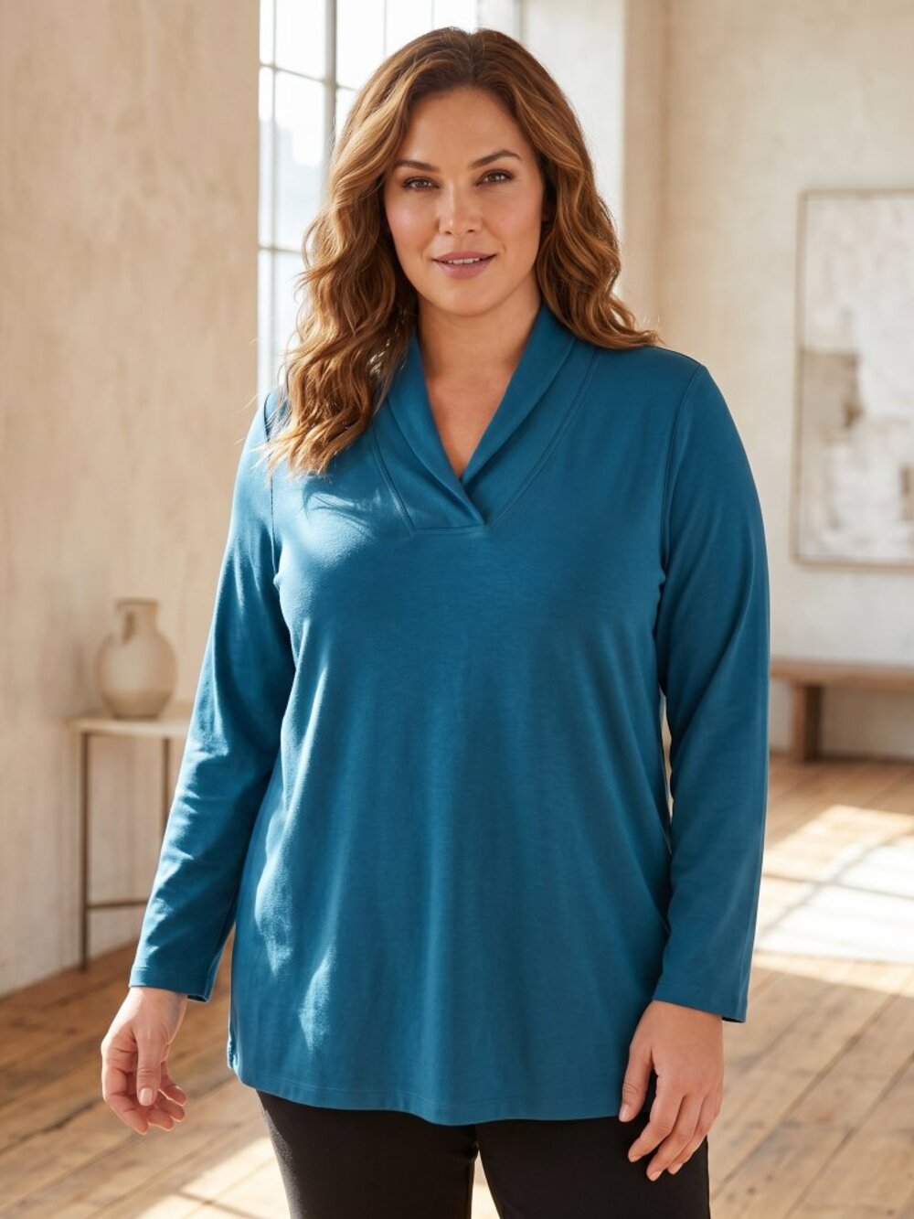 Roamans Teal Blue Tunic Top Knit LS Shawl Neck Boho Casual Cozy Sz‎ 18 20 L